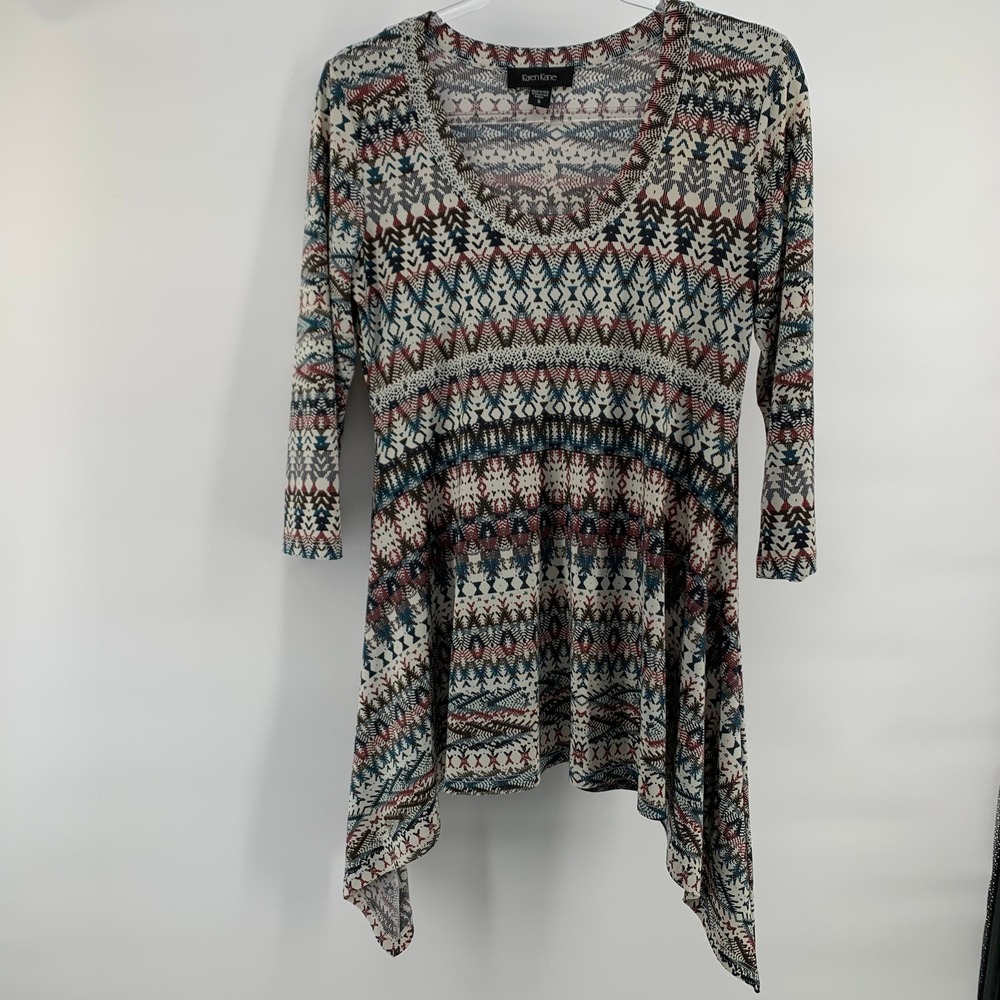 Karen Kane Small Boho Aztec Print Asymmetrical Hem Tunic Top 3/4 Sleeve Women's